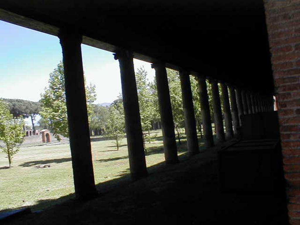 II.7.8 Pompeii. Palaestra. May 2005. Looking south along west portico. Guardando a sud lungo il portico ovest.
Secondo NdS 1939; Portico occidentale. N. 86-89. - Un solo gruppo di 4 scheletri si rinvenne lungo il portico occidentale senza alcun oggetto di corredo.
According to NdS 1939; Western portico. No 86-89. - A single group of 4 skeletons found along the western portico without any possessions.
Vedi/See Notizie degli Scavi di Antichità, 1939, p. 226.