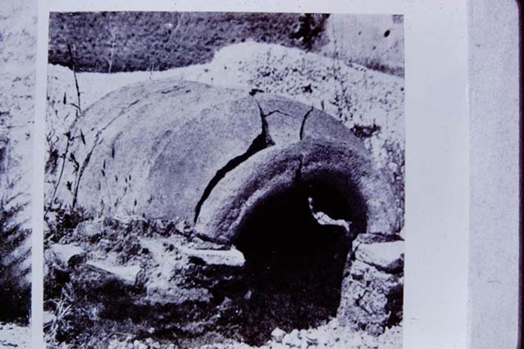 II.8.6 Pompeii. 1972. Photo of a photo of the “dog-kennel”, formed from a half-dolium.
Photo by Stanley A. Jashemski.
Source: The Wilhelmina and Stanley A. Jashemski archive in the University of Maryland Library, Special Collections (See collection page) and made available under the Creative Commons Attribution-Non Commercial License v.4. See Licence and use details.
J72f0471
According to Wilhelmina, Dott. Giordano told her that to the south of the triclinium an unusual doghouse had been found by the original excavators.
An old amphora had been cut in half lengthways and placed on a low masonry wall, the dog then entered its kennel through the mouth of the amphora.
Unfortunately, this no longer existed.
See Jashemski, W.F., 2014. Discovering the Gardens of Pompeii: Memoirs of a Garden Archaeologist, p. 193-4.