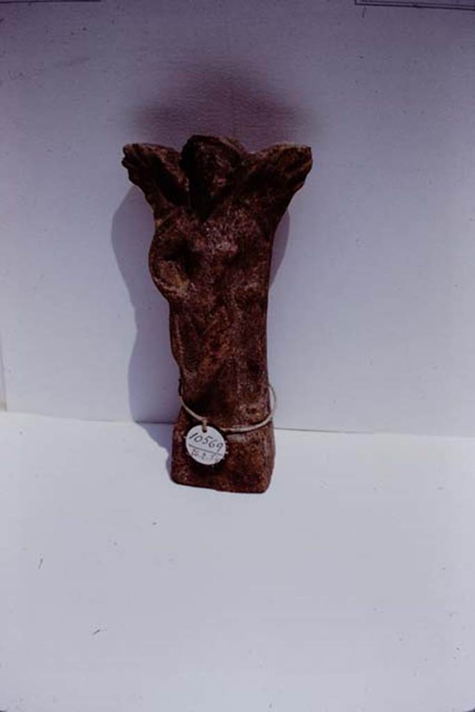 II.8.6 Pompeii. 1972. Terracotta votive offering of a slender female winged figure (0.165m high), found near lararium by the original 1953-54 excavators.
(Pompeii inv. no: 10569, dated 26.2.1954). Photo by Stanley A. Jashemski.
Source: The Wilhelmina and Stanley A. Jashemski archive in the University of Maryland Library, Special Collections (See collection page) and made available under the Creative Commons Attribution-Non Commercial License v.4. See Licence and use details. J72f0315
According to d’Ambrosio and Borriello, this is a terracotta statuette of a Cupid-Hermaphrodite (due to the presence of the breasts), from the garden lararium.
See d’Ambrosio, A. & Borriello, M , 1990. Le Terrecotte Figurate di Pompei . Rome, “L’Erma” di Bretschneider, (No,.45, p.35, Tav.10)