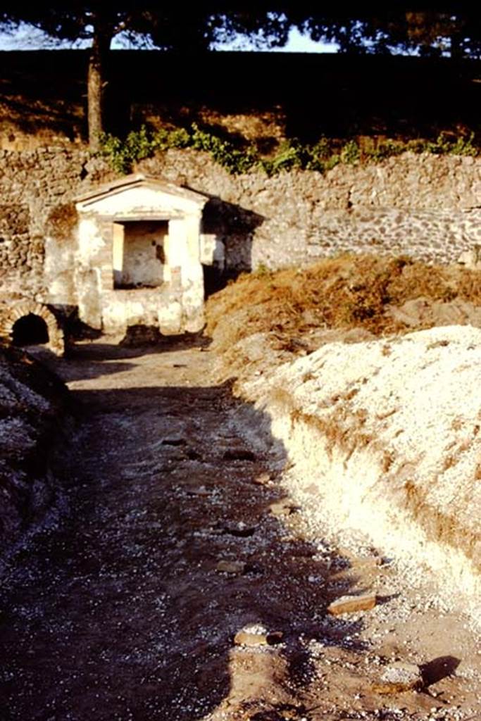 II.8.6 Pompeii. 1972. Looking east along trench to Lararium, and “dog-kennel”.
Photo by Stanley A. Jashemski.
Source: The Wilhelmina and Stanley A. Jashemski archive in the University of Maryland Library, Special Collections (See collection page) and made available under the Creative Commons Attribution-Non Commercial License v.4. See Licence and use details. J72f0175