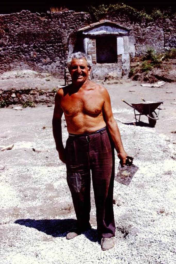 II.8.6 Pompeii. 1972. Retrieval of a garden/farming implement in the lapilli. Photo by Stanley A. Jashemski.
Source: The Wilhelmina and Stanley A. Jashemski archive in the University of Maryland Library, Special Collections (See collection page) and made available under the Creative Commons Attribution-Non Commercial License v.4. See Licence and use details. J72f0700