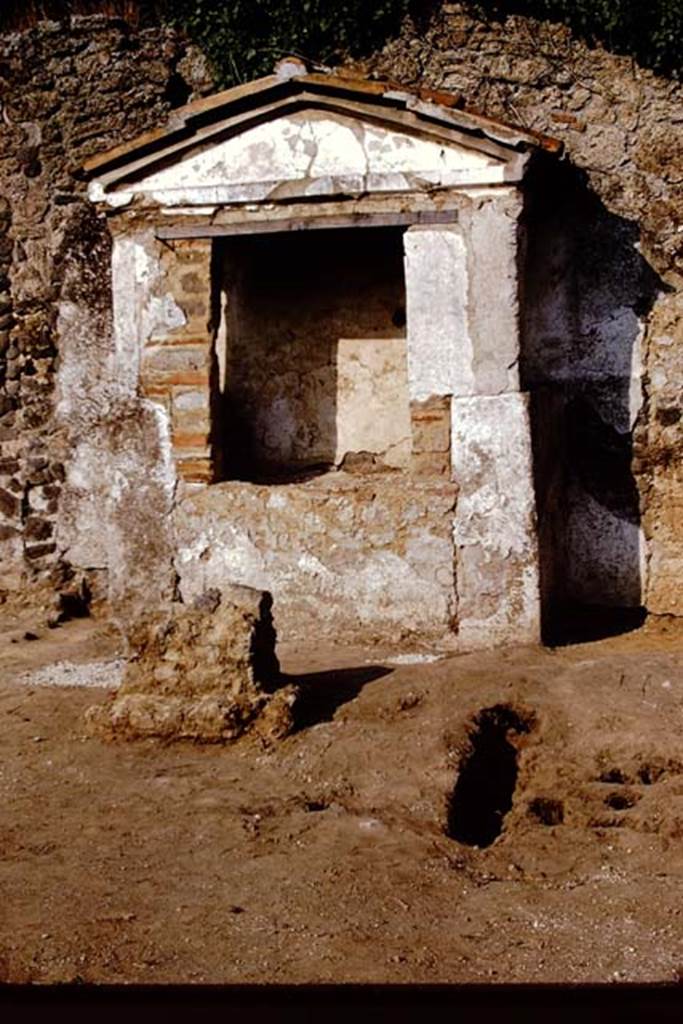 II.8.6 Pompeii, 1973. Looking east to lararium, altar and root cavity. Photo by Stanley A. Jashemski. 
Source: The Wilhelmina and Stanley A. Jashemski archive in the University of Maryland Library, Special Collections (See collection page) and made available under the Creative Commons Attribution-Non Commercial License v.4. See Licence and use details. J73f0789

