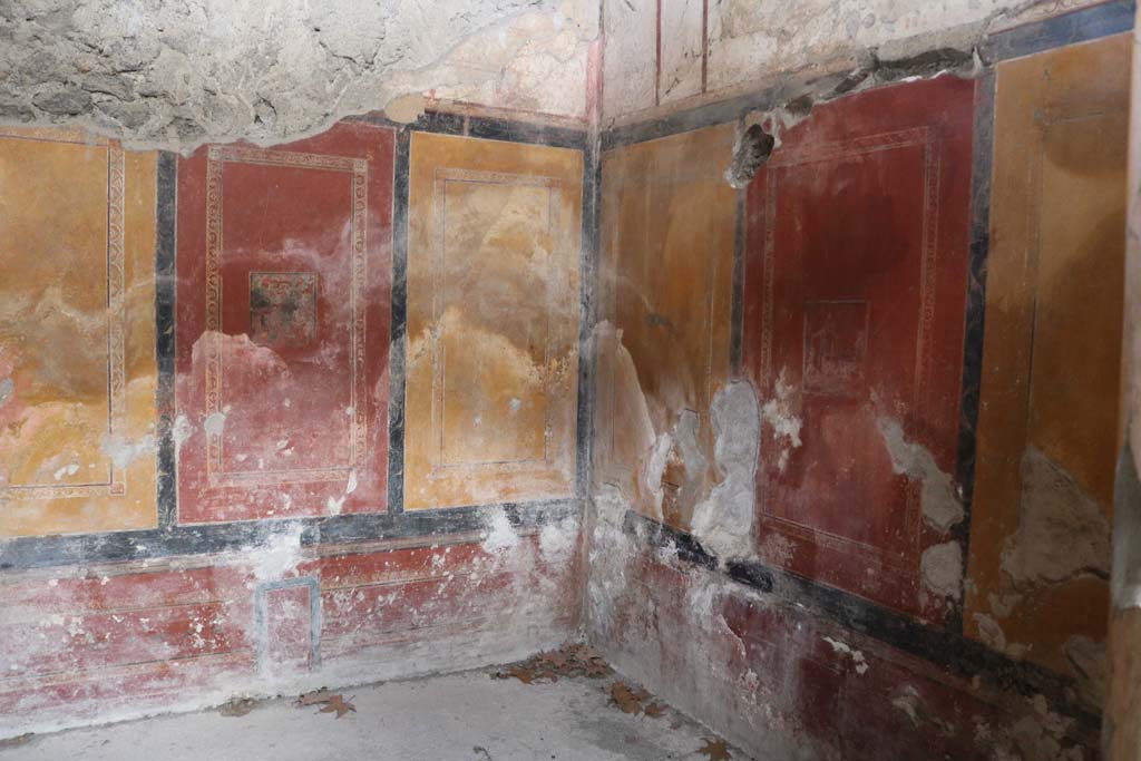 II.8.6 Pompeii. December 2018.
Painted decoration on north (rear) and east (right) wall of room with painted walls. Photo courtesy of Aude Durand.