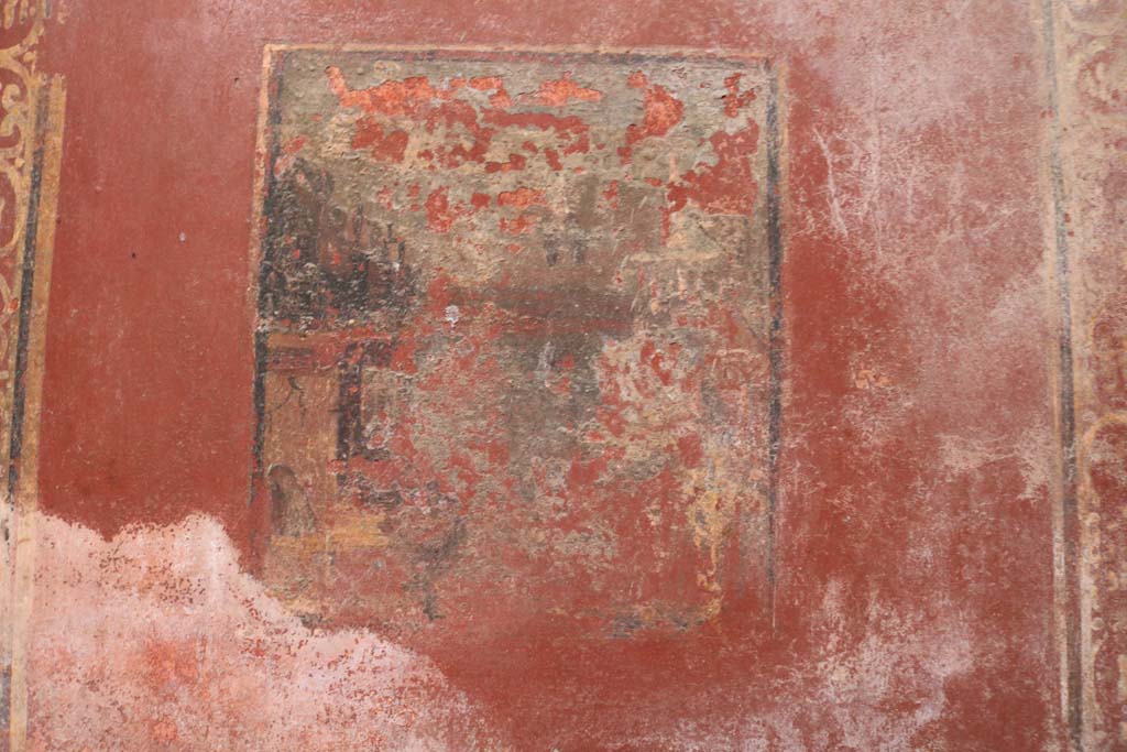 II.8.6 Pompeii. December 2018. Detail of a wall painting in room, from north (rear) wall. Photo courtesy of Aude Durand.
