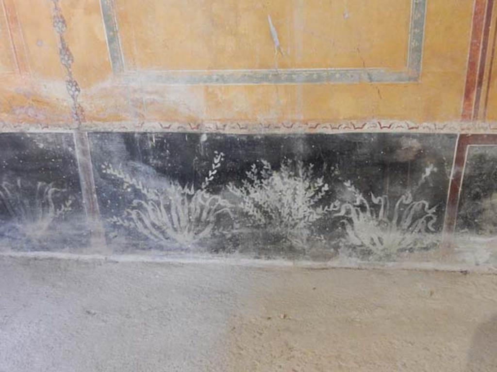 II.9.4, Pompeii. May 2018. Room 8, black zoccolo/socle/dado/plinth with painted plants in centre of south wall.
Photo courtesy of Buzz Ferebee.