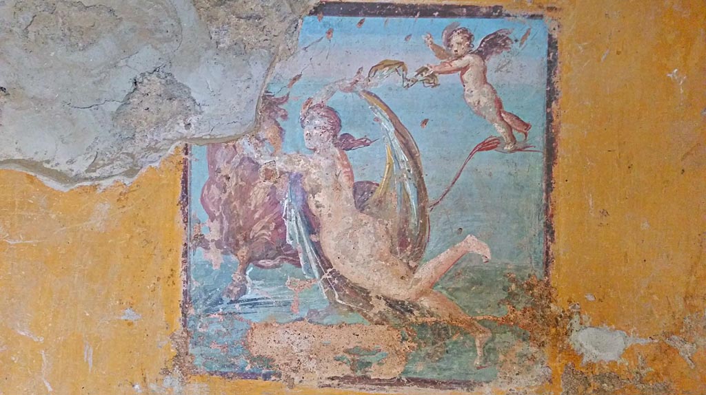 II.9.4 Pompeii. 2017/2018/2019.
Room 8, central wall painting from west wall of Europa and the Bull. Photo courtesy of Giuseppe Ciaramella.