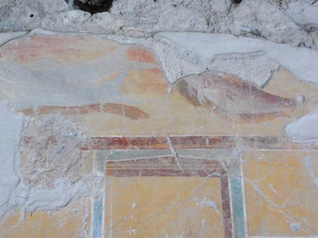II.9.4, Pompeii. May 2018. Room 8, detail of painted fish from upper north wall above doorway.
Photo courtesy of Buzz Ferebee.