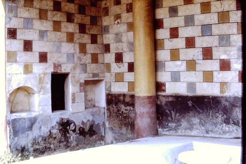III.2.1 Pompeii. 1968. Room 20, north-west corner of summer triclinium.  
Photo by Stanley A. Jashemski.
Source: The Wilhelmina and Stanley A. Jashemski archive in the University of Maryland Library, Special Collections (See collection page) and made available under the Creative Commons Attribution-Non Commercial License v.4. See Licence and use details.
J68f0388
