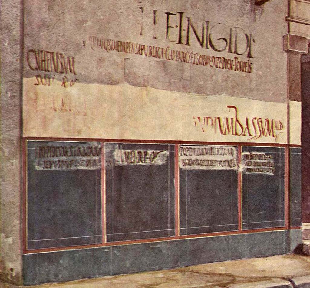 III.2.1 Pompeii. Detail from painting, pre-1943 bombing, of front wall showing original graffiti on left of entrance.
DAIR Repro_500006,02. Photo © Deutsches Archäologisches Institut, Abteilung Rom, Arkiv.  
See http://arachne.uni-koeln.de/item/marbilder/3798284
Top, with the first line in large letters, is CIL IV 7991.
Below to the left is CIL IV 7611 and below this barely visible is CIL IV 7612.
Lower to the right is CIL IV 7613.
In the panels, from left to right, are CIL IV 7614, CIL IV 7616, CIL IV 7618, and CIL IV 7619.
