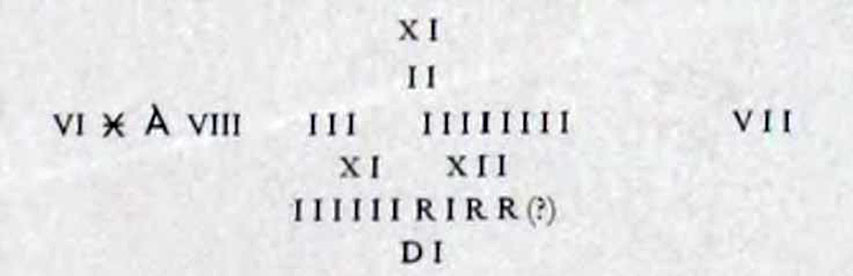 III.4.1 Pompeii. 1927. Graffiti records found in the middle of the east wall of the room on the north side of workshop and with which it was linked.
See Notizie degli Scavi di Antichit�, 1927, (p. 99)
