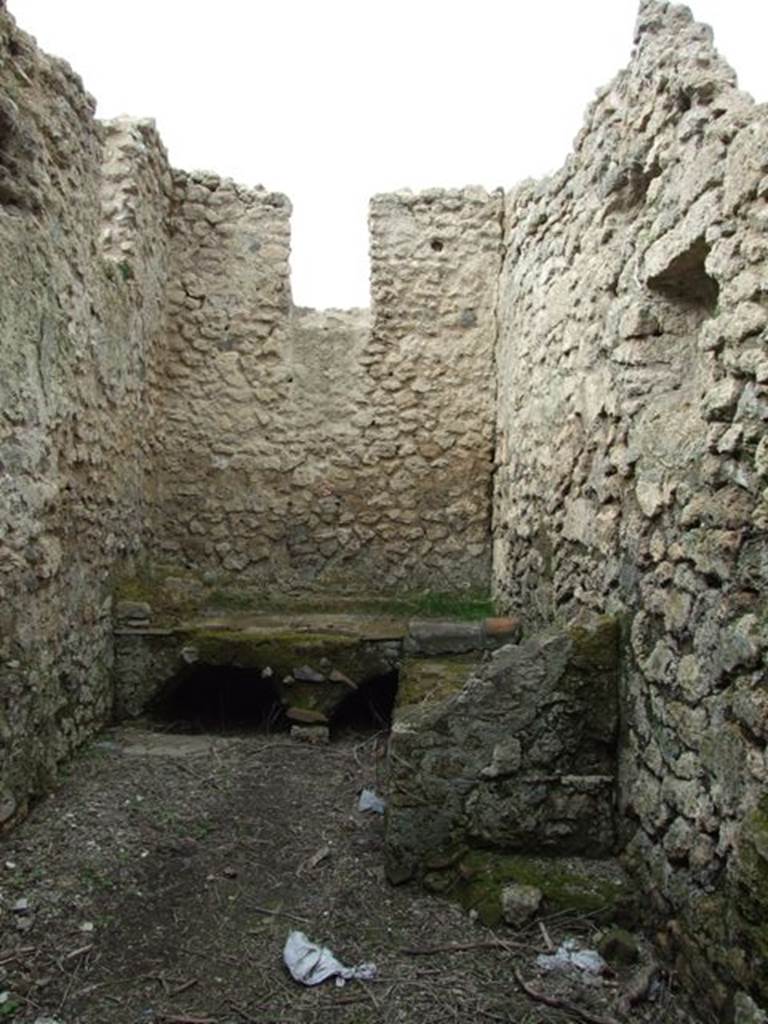 III.4.3 Pompeii. March 2009. Room 6. Kitchen and Latrine. Looking north, with niche on east wall.