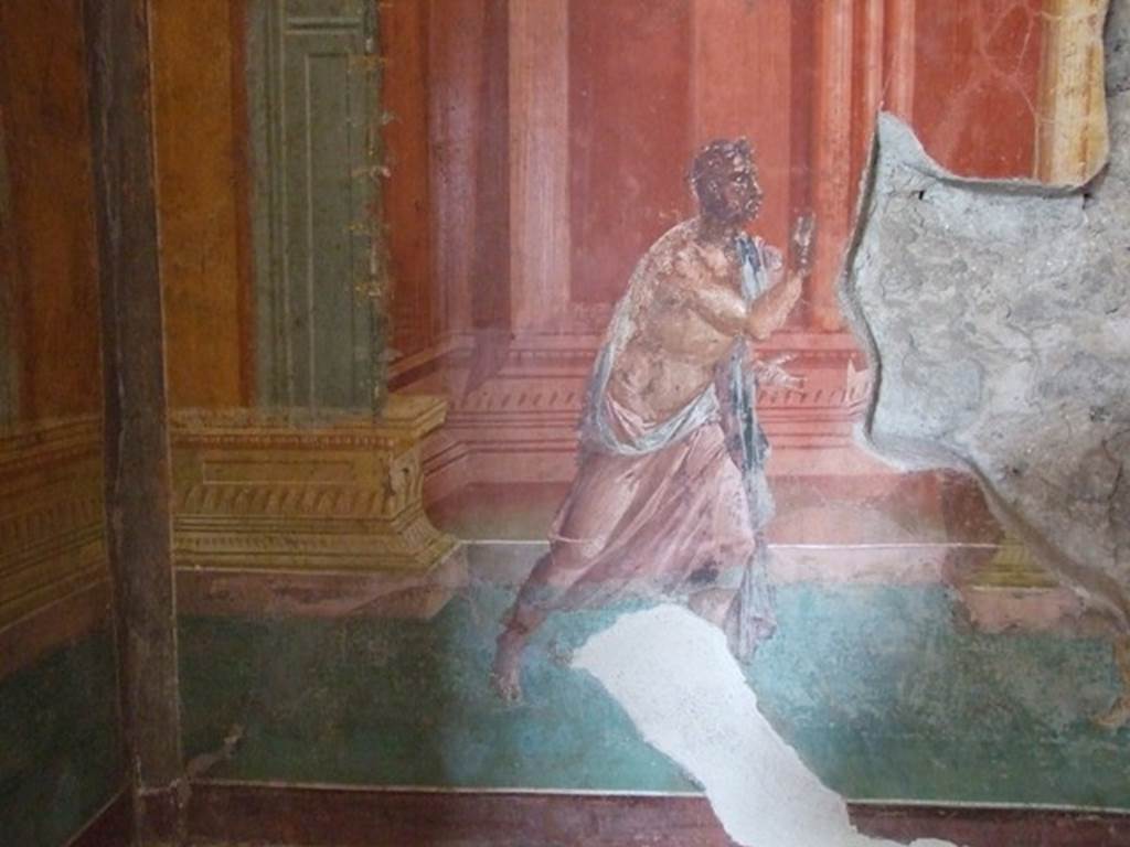 III.4.b Pompeii. March 2009. Room 3, west wall of oecus with wall painting of a running man.