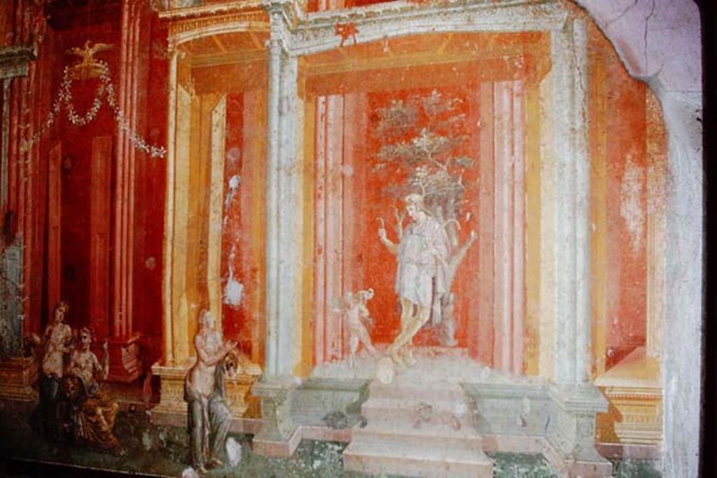 III.4.b Pompeii. 1968. Room 3, east wall of oecus with wall painting of drama of Attis.
Photo by Stanley A. Jashemski.
Source: The Wilhelmina and Stanley A. Jashemski archive in the University of Maryland Library, Special Collections (See collection page) and made available under the Creative Commons Attribution-Non Commercial License v.4. See Licence and use details.
J68f0337
