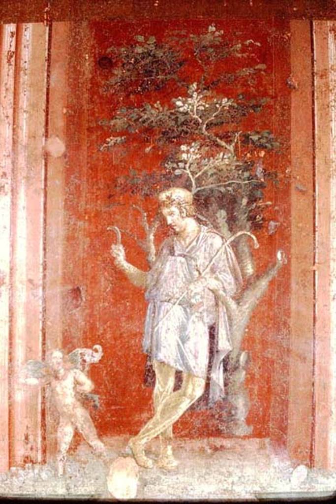 III.4.b Pompeii. 1968. Room 3, east wall of oecus, detail of wall painting of Attis. 
Photo by Stanley A. Jashemski.
Source: The Wilhelmina and Stanley A. Jashemski archive in the University of Maryland Library, Special Collections (See collection page) and made available under the Creative Commons Attribution-Non Commercial License v.4. See Licence and use details.
J68f0334
