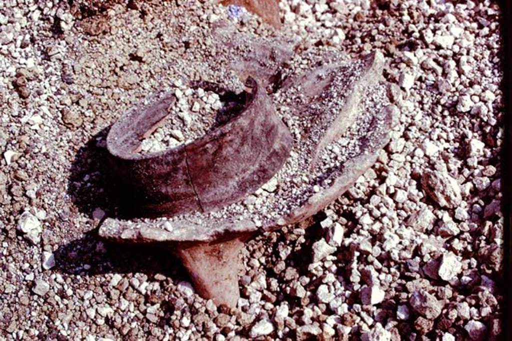III.7 Pompeii. 1976. Found near the round structure, was the top portion of a large amphora which had been turned upside down, so that it could be used as a brazier.
It was filled with a deep layer of ashes. A blackened pot was still in place on the ashes. Photo by Stanley A. Jashemski.
Source: The Wilhelmina and Stanley A. Jashemski archive in the University of Maryland Library, Special Collections (See collection page) and made available under the Creative Commons Attribution-Non Commercial License v.4. See Licence and use details. J76f0360
