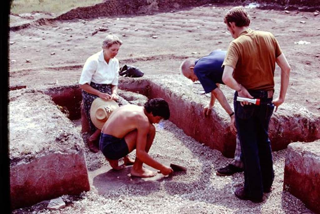 III.7 Pompeii. 1976. Examining the lapilli near the triclinium. Photo by Stanley A. Jashemski.
Source: The Wilhelmina and Stanley A. Jashemski archive in the University of Maryland Library, Special Collections (See collection page) and made available under the Creative Commons Attribution-Non Commercial License v.4. See Licence and use details. J76f0367