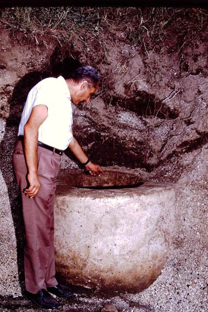 III.7 Pompeii. 1976. Sig. Sicignano examining the puteal. Photo by Stanley A. Jashemski.
Source: The Wilhelmina and Stanley A. Jashemski archive in the University of Maryland Library, Special Collections (See collection page) and made available under the Creative Commons Attribution-Non Commercial License v.4. See Licence and use details. J76f0449
According to Wilhelmina, “we uncovered a perfectly preserved cistern puteal of an exceptional quality of cocciopesto. The only visible sources of water for the garden were the two cisterns, the one near the triclinium and this one. We were unable to excavate this one completely because of the pressure of the lapilli on the adjacent wall. This cistern was probably also fed by water from the roof of the house”.
See Jashemski, W.F., 2014. Discovering the Gardens of Pompeii: Memoirs of a Garden Archaeologist, (p.247).
