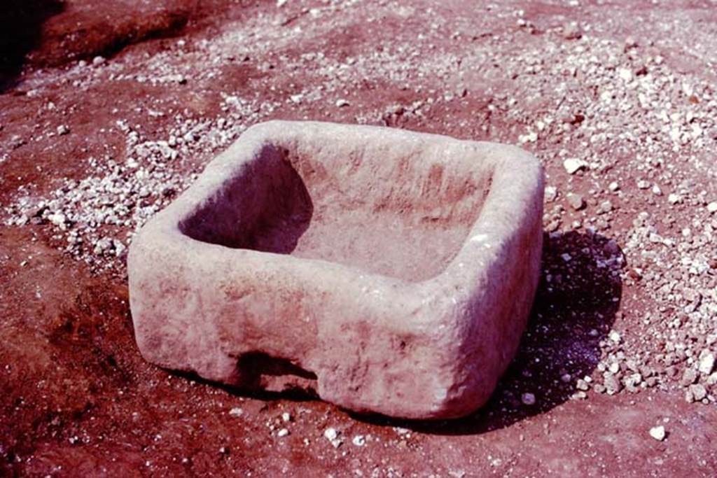 III.7 Pompeii. 1976. Water bowl. Photo by Stanley A. Jashemski.
Source: The Wilhelmina and Stanley A. Jashemski archive in the University of Maryland Library, Special Collections (See collection page) and made available under the Creative Commons Attribution-Non Commercial License v.4. See Licence and use details. J76f0545