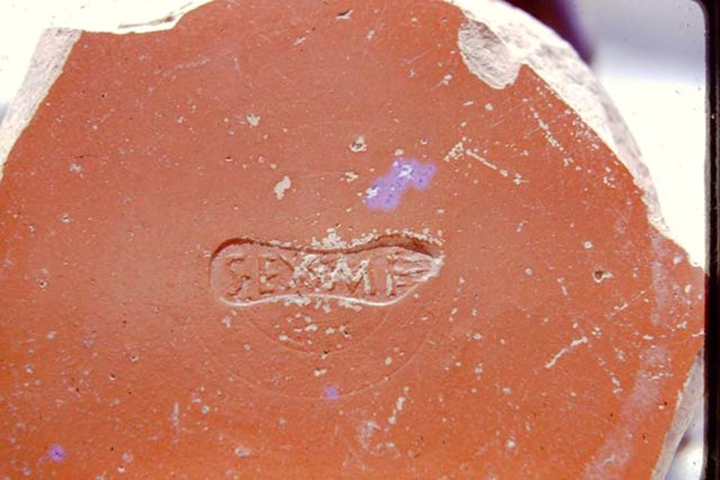III.7 Pompeii. 1975. Detail of stamp on fragment of Arretine ware. Photo by Stanley A. Jashemski.
Source: The Wilhelmina and Stanley A. Jashemski archive in the University of Maryland Library, Special Collections (See collection page) and made available under the Creative Commons Attribution-Non Commercial License v.4. See Licence and use details. J75f0729