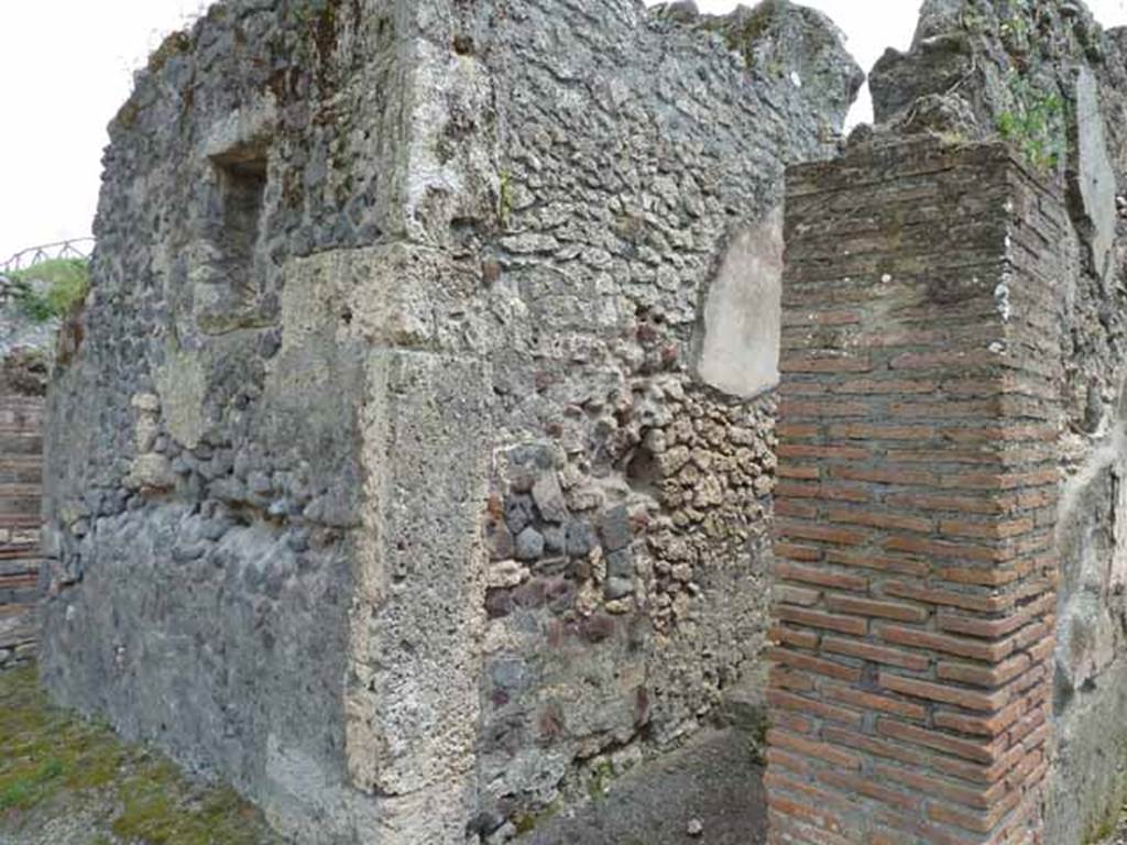 III.8.4 Pompeii. May 2010. Entrance on Via di Nola, looking east to front facade. 
According to Della Corte, the following electoral recommendations were to be found on the fa�ade of this house: 
Animula facit [CIL IV 425] and Luci fave [CIL IV 426]
See Della Corte, M., 1965. Case ed Abitanti di Pompei. Napoli: Fausto Fiorentino. (p. 139)

According to Epigraphik-Datenbank Clauss/Slaby (See www.manfredclauss.de) these read
Claudium / IIvir(um) Animula facit      [CIL IV 425]
Suettium Verum aed(ilem) o(ro) v(os) f(aciatis) / Luci fave      {CIL IV 426]
