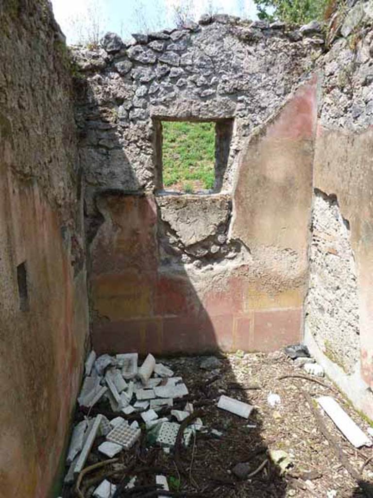 III.8.4 Pompeii, May 2010. North wall of small room, with remains of painted plaster.