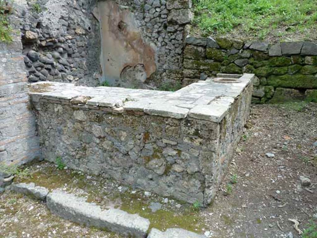 III.8.8 Pompeii. May 2010. Entrance with two sided counter. According to Sogliano, the threshold was made from three pieces of lava stone. The groove for the shutters was seen in the front of the podium or counter. At the end of the podium was the real entrance, the threshold was flat, and not grooved, to allow free movement of the door shutter.
The shutter ran on a hinge which was embedded in the frame. The podium or sales counter was formed from fragments of different species of coloured marbles. Facing the road was an embedded fragment of a slab of white marble. On it was discovered the face of a maenad, chipped in the nose and chin, but of good execution. See Notizie degli Scavi di Antichità, 1905, (p.274). At the rear of the bar-room there was an entrance to the atrium of III.8.7 (now blocked).