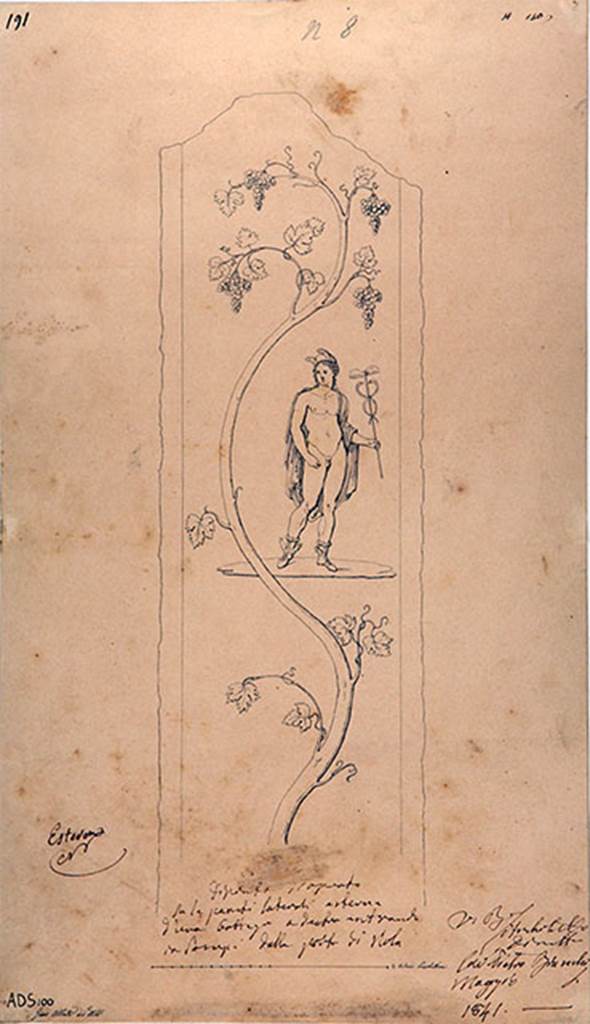 IV.1.d and IV.1.e Pompeii behind custodians shed. 1841 drawing by G. Abbate.
Drawing of painting of Mercury with petasos (hat) and winged sandals, and holding a caduceus.
A vine runs from bottom to top of the panel.
Fröhlich identified Mercury on the left of the entrance and Bacchus on the right of the entrance.
Now in Naples Archaeological Museum. Inventory number ADS 100.
See Fröhlich, T., 1991. Lararien und Fassadenbilder in den Vesuvstädten. Mainz: von Zabern. (p.316, F26).
Photo © ICCD. http://www.catalogo.beniculturali.it
Utilizzabili alle condizioni della licenza Attribuzione - Non commerciale - Condividi allo stesso modo 2.5 Italia (CC BY-NC-SA 2.5 IT)