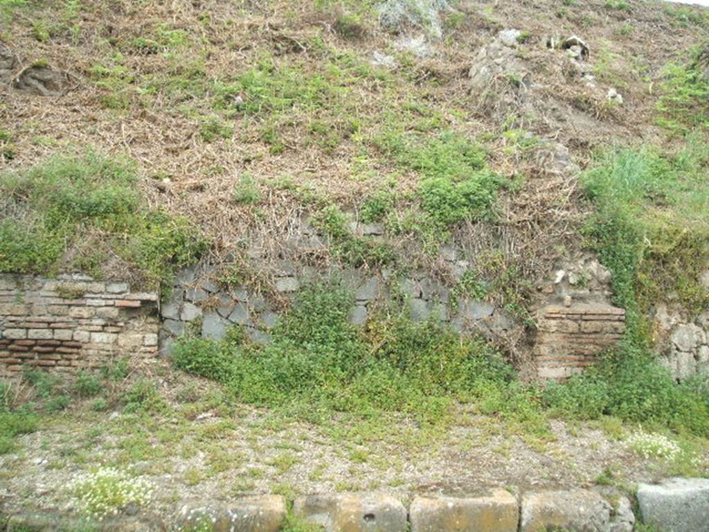 IV.1.g Pompeii. May 2005. Entrance.
The doorways that used to front onto the northern side of Via Nola, forming Regio IV, have now been filled in as a wall to keep the earth bank back from the road. It is very difficult to find the exact position of these doorways and link them to any site plan.