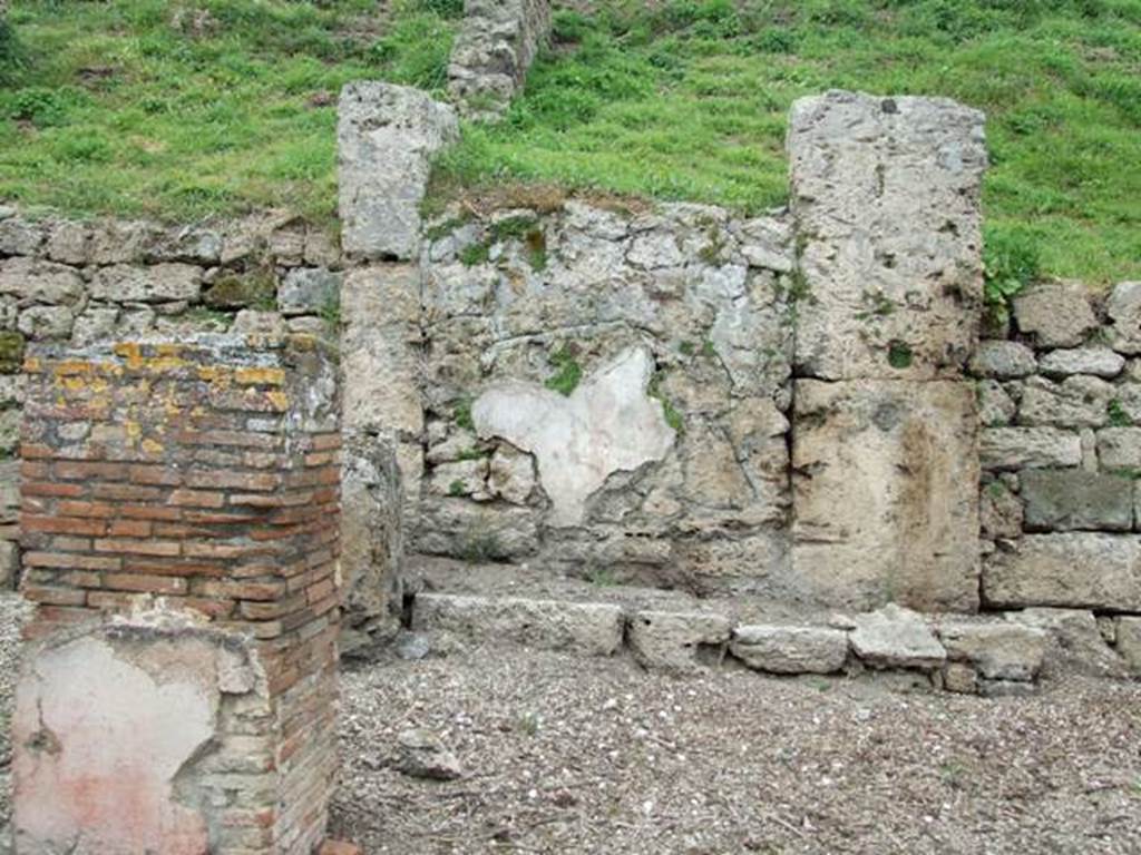 IV.2.a Pompeii. March 2009. Remains of painted plaster on west side of entrance, at the rear of the portico.