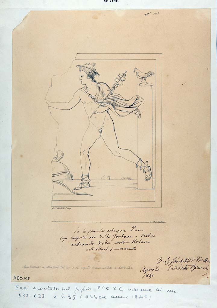 IV.2.a Pompeii. 1841 drawing by G. Abbate of lararium painting by entrance.
According to Liselotte Eschebach, there was a Lararium painting here.
She suggested this may possibly be F28 identified by Fröhlich as from Regio IV.
This was a painting of Mercury running to the left, naked, wearing cloak, petasos (hat) and winged sandals.
In his left he had a caduceus and in his right a marsupium.
In front of the god was an omphalos with a serpent winding around it.
On the right was a high round pillar with a cockerel on top of it.
Now in Naples Archaeological Museum. Inventory number ADS 105.
See Fröhlich, T., 1991. Lararien und Fassadenbilder in den Vesuvstädten. Mainz: von Zabern. (p.316, F28).
See Eschebach, L., 1993. Gebäudeverzeichnis und Stadtplan der antiken Stadt Pompeji. Köln: Böhlau. (p.116, IV.2.1).
Photo © ICCD. http://www.catalogo.beniculturali.it
Utilizzabili alle condizioni della licenza Attribuzione - Non commerciale - Condividi allo stesso modo 2.5 Italia (CC BY-NC-SA 2.5 IT)