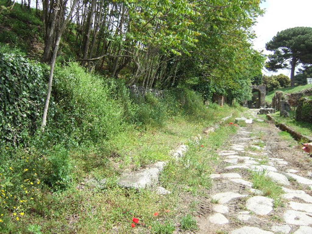 Via Nola, Pompeii, May 2006. Looking east from IV.4.a.