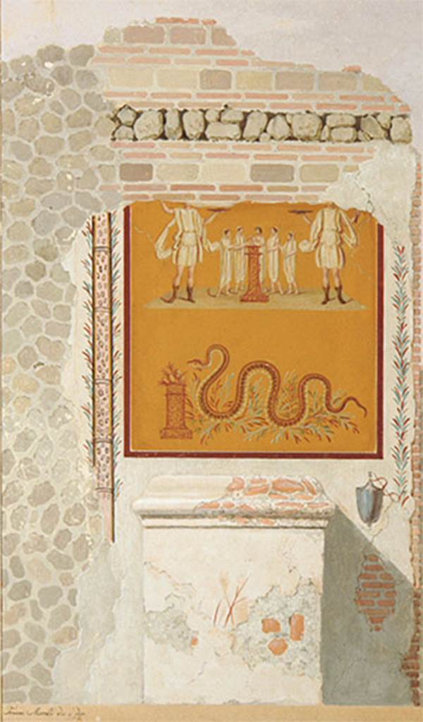 IV.4.g Pompeii. Painting by F. Morelli of street shrine between IV.4.f and IV.4.g.
Below is a masonry altar above which is a painting.
In the middle is a round altar with five small figures in long white tunics.
The figure in the centre behind the altar is a tibicen.
On either side are pairs of Vicomagistri with right arms outstretched to the altar.
Two large Lares flank the scene, each with patera and rhyton.
In the lower zone of the painting is a serpent approaching from the left to an altar with eggs and fruit on it.
Now in Naples Archaeological Museum. Inventory number ADS 574.
See Fröhlich, T., 1991. Lararien und Fassadenbilder in den Vesuvstädten. Mainz: von Zabern. (p.315, F24)
Photo © ICCD. http://www.catalogo.beniculturali.it
Utilizzabili alle condizioni della licenza Attribuzione - Non commerciale - Condividi allo stesso modo 2.5 Italia (CC BY-NC-SA 2.5 IT)
