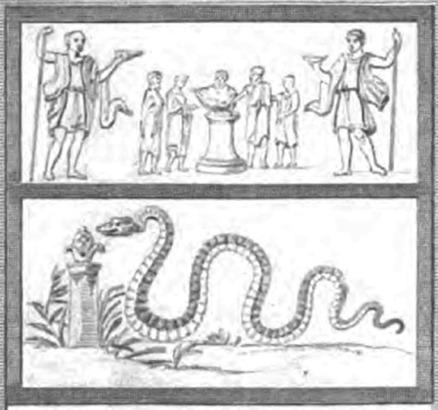 IV.4.g Pompeii. Drawing of the painting found above a street shrine between IV.4.f and IV.4.g.
In the middle was a round altar with five small figures in long white tunics.
In the centre behind the altar is a tibicen.
On either side are pairs of Vicomagistri with right arms outstretched to the altar.
Two large Lares flank the scene.
In the lower zone was a serpent approaching from the left to an altar with eggs and fruit on it.
See Fröhlich, T., 1991. Lararien und Fassadenbilder in den Vesuvstädten. Mainz: von Zabern. (p.315, F24)
See Gell, W. and Gandy, J., 1852. Pompeiana: Third Edition. London: Bohn. (p. 97, Pl. 18).
