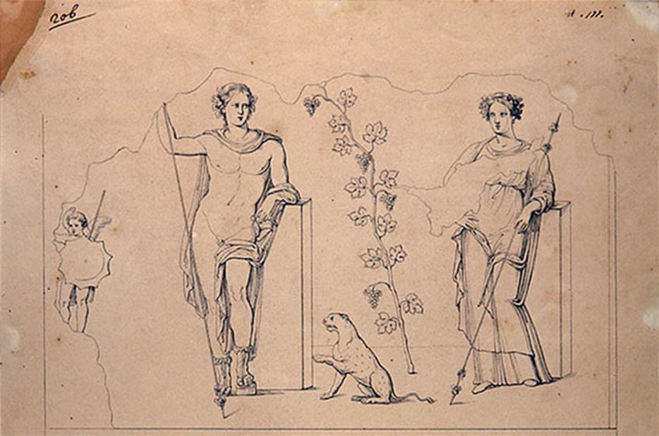 IV.5.b Pompeii. 1841. Entrance middle pillar. Drawing by G. Abbate of Bacchus and a goddess possibly Venus Pompeiana.
The middle pillar had a painting of a grape-crowned Bacchus wearing sandals and a cloak.
He stood with his elbow on a pillar and left foot on a podium.
His right hand was raised, touching a standing Thyrsus.
His left hand held a cantharus from which he fed a panther that sat to the left.
To the right was a small Eros and another god possibly Venus Pompeiana.
Now in Naples Archaeological Museum. Inventory number ADS 103.
See Fröhlich, T., 1991. Lararien und Fassadenbilder in den Vesuvstädten. Mainz: von Zabern. (p.316, F27)
Photo © ICCD. http://www.catalogo.beniculturali.it
Utilizzabili alle condizioni della licenza Attribuzione - Non commerciale - Condividi allo stesso modo 2.5 Italia (CC BY-NC-SA 2.5 IT)