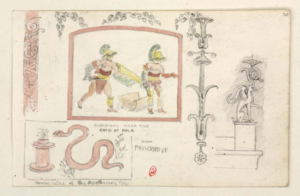 Gladiators near the Nola Gate, c.1819 sketch by William Gell, from an unknown wall.
See Gell W & Gandy, J.P: Pompeii published 1819 [Dessins publi�s dans l'ouvrage de Sir William Gell et John P. Gandy, Pompeiana: the topography, edifices and ornaments of Pompei, 1817-1819], p. 128/158.
See book in Biblioth�que de l'Institut National d'Histoire de l'Art [France], collections Jacques Doucet Gell Dessins 1817-1819
Use Etalab Open Licence ou Etalab Licence Ouverte
(Note: according to Jacobelli (see drawing by Morelli in Fig.64 on page 76), this painting on a wall may have been seen in VII.4.26.
However, beneath the Morelli painting is written �Alla porta settentrionale di Pompei in Atrio non lungi dalla medesima�.
(�At the northern gate of Pompeii in an atrium not far from the same�), which would seem to indicate a room not far from the Herculaneum Gate or in Insula Occidentalis.)
See Jacobelli, L., 2003. Gladiators at Pompeii. Rome: L�Erma di Bretschneider. (p.76).


