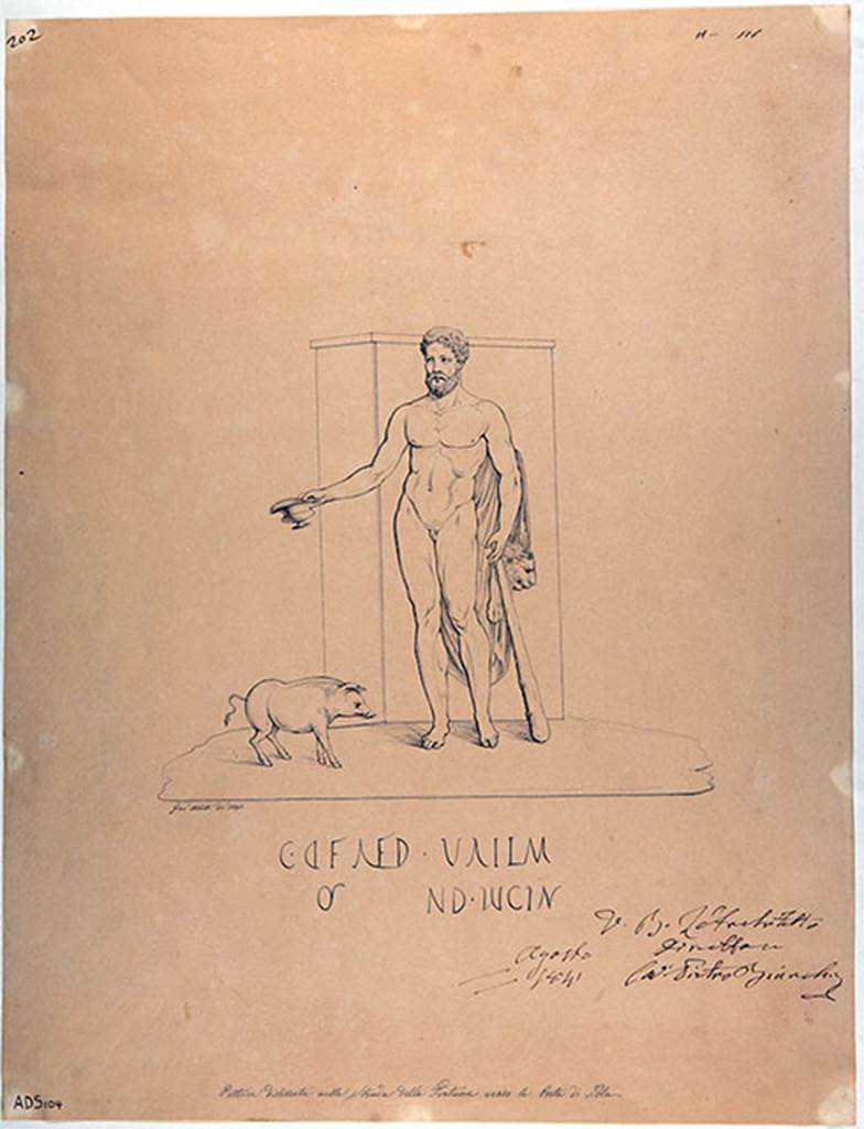 IV.5.b Pompeii. 1841. Entrance west pillar. Drawing by G. Abbate of Hercules with pig.
On the west pillar was a painting of Hercules, naked with a lion skin over his left shoulder.
In his right hand was a cantharus (cup) and his left hand was over the end of his club.
Under is an electoral inscription C D F AED.
Now in Naples Archaeological Museum. Inventory number ADS 104.
See Fröhlich, T., 1991. Lararien und Fassadenbilder in den Vesuvstädten. Mainz: von Zabern. (p.316, F27)
Photo © ICCD. http://www.catalogo.beniculturali.it
Utilizzabili alle condizioni della licenza Attribuzione - Non commerciale - Condividi allo stesso modo 2.5 Italia (CC BY-NC-SA 2.5 IT)