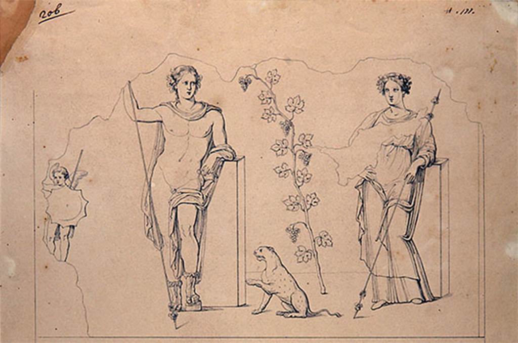 IV.5.b Pompeii. 1841. Entrance middle pillar. Drawing by G. Abbate of Bacchus and a goddess possibly Venus Pompeiana.
The middle pillar had a painting of a grape-crowned Bacchus wearing sandals and a cloak.
He stood with his elbow on a pillar and left foot on a podium.
His right hand was raised, touching a standing Thyrsus.
His left hand held a cantharus from which he fed a panther that sat to the left.
To the right was a small Eros and another god possibly Venus Pompeiana.
Now in Naples Archaeological Museum. Inventory number ADS 103.
See Fröhlich, T., 1991. Lararien und Fassadenbilder in den Vesuvstädten. Mainz: von Zabern. (p.316, F27)
Photo © ICCD. https://www.catalogo.beniculturali.it
Utilizzabili alle condizioni della licenza Attribuzione - Non commerciale - Condividi allo stesso modo 2.5 Italia (CC BY-NC-SA 2.5 IT)
See also Kuivalainen, I., 2021. The Portrayal of Pompeian Bacchus. Commentationes Humanarum Litterarum 140. Helsinki: Finnish Society of Sciences and Letters, (p.123-125, D1).