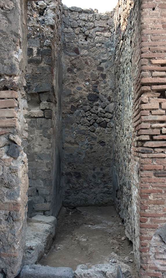 V.1.3 Pompeii. c.2008-10.
Room “b”, looking north into corridor from atrium. Photo by Hans Thorwid.
“The narrow corridor opens in the S towards the atrium.
Another door opening, leading to room “c”, the latrine, is located in the S part of the W wall.
Originally the corridor led to the kitchen area of the Casa del Torello V 1,7 in the north and was later closed.”
Photo and words courtesy of the Swedish Pompeii Project.