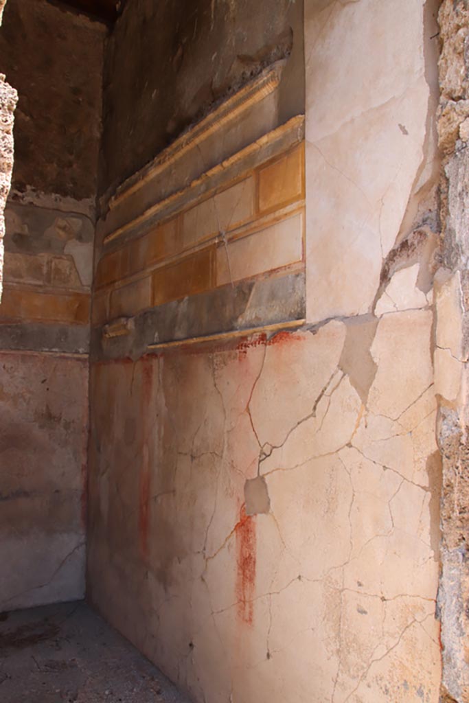 V.1.7 Pompeii. May 2024.
Room 8, looking east along painted south wall of cubiculum. Photo courtesy of Klaus Heese.