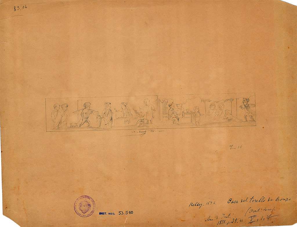 V.1.7 Pompeii. Drawing by A. Aurelj of a frieze found in 1838 on the east side of the atrium, showing pygmies buying their foodstuffs and eating their meals.
According to PPM, this frieze had been removed and (in 1991) was described as being on display in Casa del Citarista (I.4.25).
See Carratelli, G. P., 1990-2003. Pompei: Pitture e Mosaici: Vol. III. Roma: Istituto della enciclopedia italiana, (p. 487).
DAIR 83.16. Photo © Deutsches Archäologisches Institut, Abteilung Rom, Arkiv.