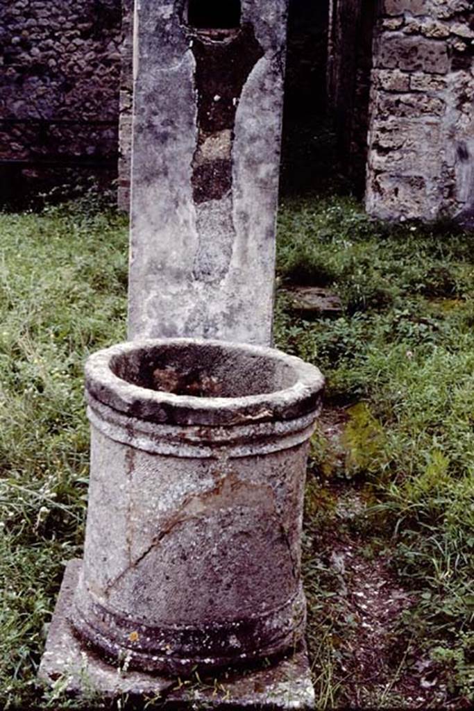 V.1.7 Pompeii. 1984. Room 17, detail of puteal, looking west across peristyle. Source: The Wilhelmina and Stanley A. Jashemski archive in the University of Maryland Library, Special Collections (See collection page) and made available under the Creative Commons Attribution-Non Commercial License v.4. See Licence and use details.
J84f0026