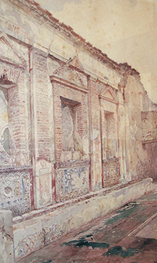 V.1.7 Pompeii. 1901.
Peristyle “b”, watercolour by Luigi Bazzani, of nymphaeum in the House of the Bull.