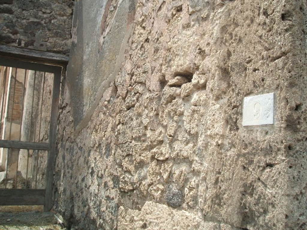 V.1.9 Pompeii. May 2005. Rear side entrance. North wall.