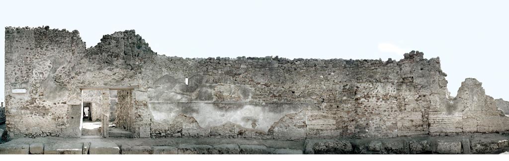 V.1.11 (corner), on left. Not dated.
Looking south towards northern exterior façade in Vicolo delle Nozze d’Argento. Photo by Hans Thorwid.
Photo courtesy of The Swedish Pompeii Project.