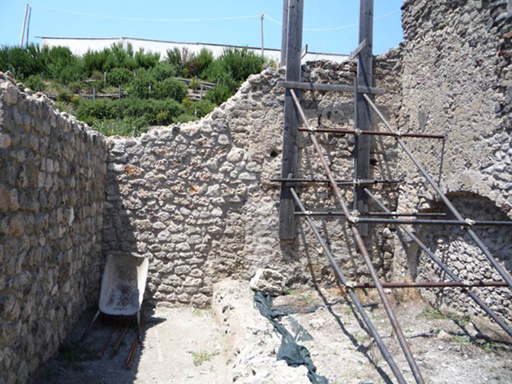 V.1.15 Pompeii. July 2008.
Looking towards north wall of small garden area, and site of small oven (on left). Photo courtesy of Jared Benton.
According to Boman and Nilsson -
“Northern oven
The northern oven was completely destroyed by a bomb hit in 1943.
Nothing more than some crushed lava stones, brick, tiles and dark brown clay mortar were found scattered in the area of the N oven.”
See The Swedish Pompeii Project.