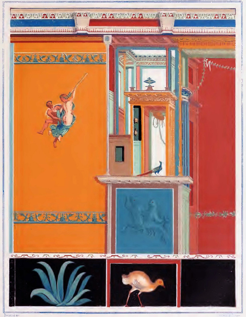 V.1.18 Pompeii. 1882 painting of wall with bacchante group. Room “l” (L), north wall at west end.
According to Presuhn:
“At the Peristyle, accessible through a door from the fauces “h”, there is a small living room or bedroom, which by its very rich, well executed and interesting decoration has a high value. Unfortunately, it has fallen quickly into ruin; However, immediately after the excavation, we had all the walls, with all the details, copied to the best of our ability, and we intend to create a nice publication with these plates.
The centre wall is bounded above by a wide painted stucco cornice.
We have copied a wall panel with an intermediate field at h=“l north wall” (Tafel VI). where the piece was unfortunately shortly afterwards lost to moisture and frost. The opposite field (with i= “l south wall”) shows a similar Bacchante group very well preserved. and even more green and yellow monochrome can also be found on the walls; similar to the sea centaur on our page. A panel from a central field is in the museum at Naples.”
“Am Peristyle auch durch eine Tür von den fauces (g=“h“) zugänglich, befindet sich ein kleines Wohn oder Schlafzimmer, welches durch seine überaus reiche, gut ausgeführte und interessante Decoration einen hohen Werth hat. Unglücklicherweise ist es rasch dem Ruin verfallen; wir haben aber sofort nach der Ausgrabung sämmtliche Wände mit allen Details aufs beste copiren lassen, und gedenken mit diesen Tafeln eine hübsche Publication zu veranstalten.
Die Mittelwand ist oben durch einen breiten bemalten Stuckkarniess begrenzt.
Wir haben ein Wandfeld mit einem Zwischenfelde bei (h) copirt (Tafel VI), wo der Stück leider kurz nachher durch Nässe und Frost sich abgelöst hat. Das gegenüberliegende Feld (bei "i") zeigt eine ähnliche Bacchantengruppe sehr gut erhalten, und ebenso fìnden sich an den Wänden noch mehrere grüne und gelbe Monochrome; ähnlich wie der Seekentaur auf unserem Blatt. Ein Tafelbild aus einem Mittelfelde ist ins Museum zu Neapel versetzt.“
See Presuhn E., 1882. Pompeji: Die Neuesten Ausgrabungen von 1874 bis 1881. Leipzig: Weigel. Abtheilung II, p. 4, Taf. VI.