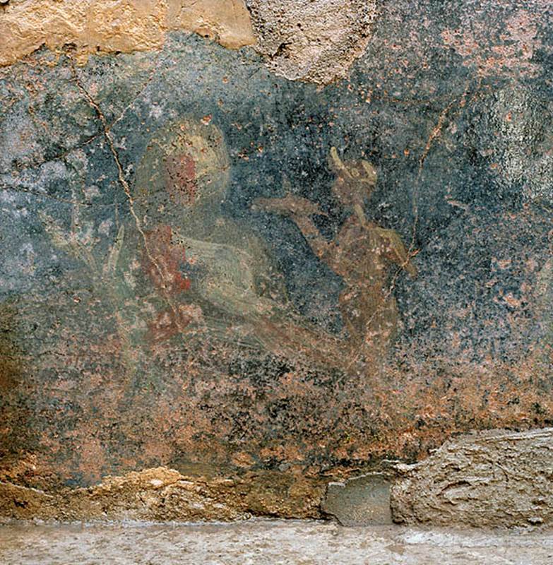 V.1.18 Pompeii. c.2005-2008.
Room “l” (L), detail of painted decoration from zoccolo on west wall. Photo by Hans Thorwid.
Photo courtesy of The Swedish Pompeii Project.