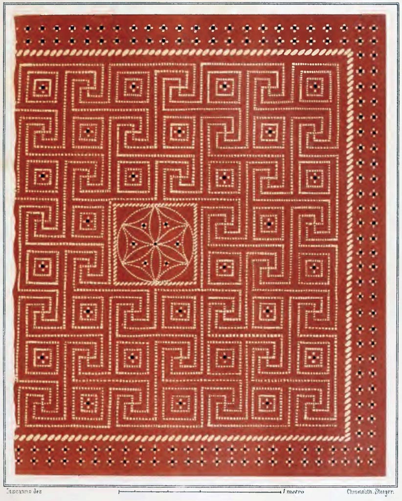 V.1.18 Pompeii. 1882 painting of mosaic floor in oecus “n”.
See Presuhn E., 1882. Pompeji: Die Neuesten Ausgrabungen von 1874 bis 1881. Leipzig: Weigel. Abtheilung II, p. 5, Taf. VII.