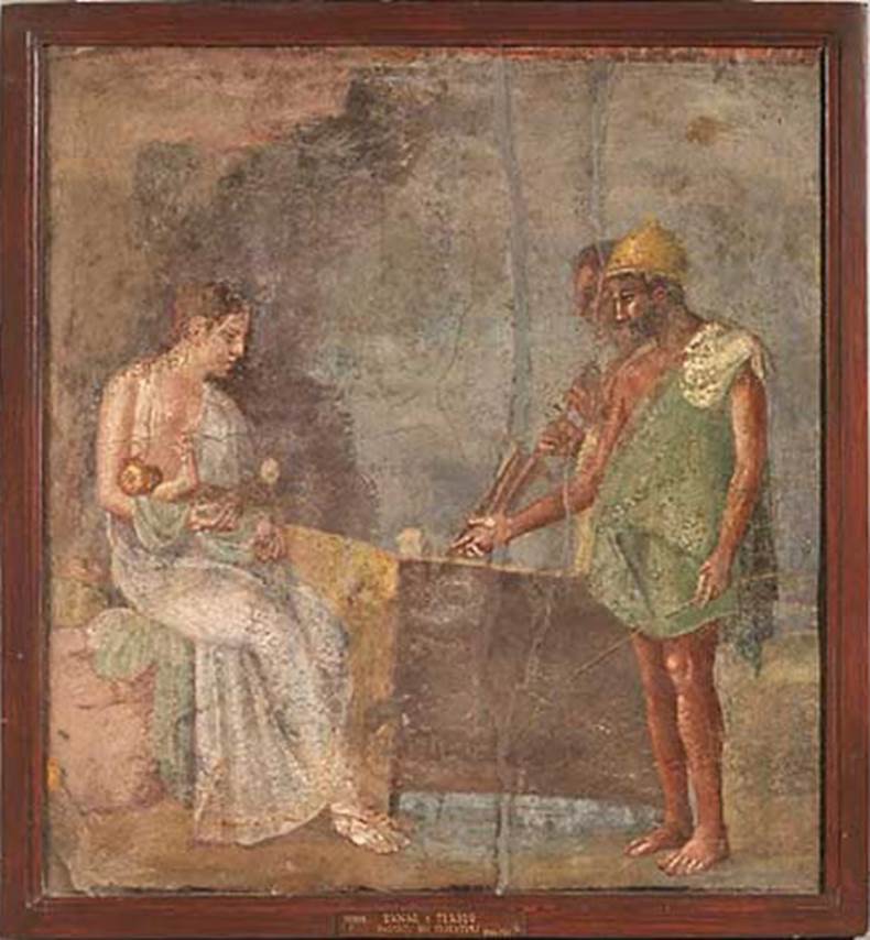 V.1.18 Pompeii. Exedra “o”, west wall.
In the middle of the west wall was a painting of Danae holding the child Perseus, arriving in Seriphos.
Now in Naples Archaeological Museum. Inventory number 111212.
See Sogliano, A., 1879. Le pitture murali campane scoverte negli anni 1867-79. Napoli: Giannini. (p. 22, No. 77).
See Schefold, K., 1957. Die Wände Pompejis. Berlin: De Gruyter. p. 64-5.