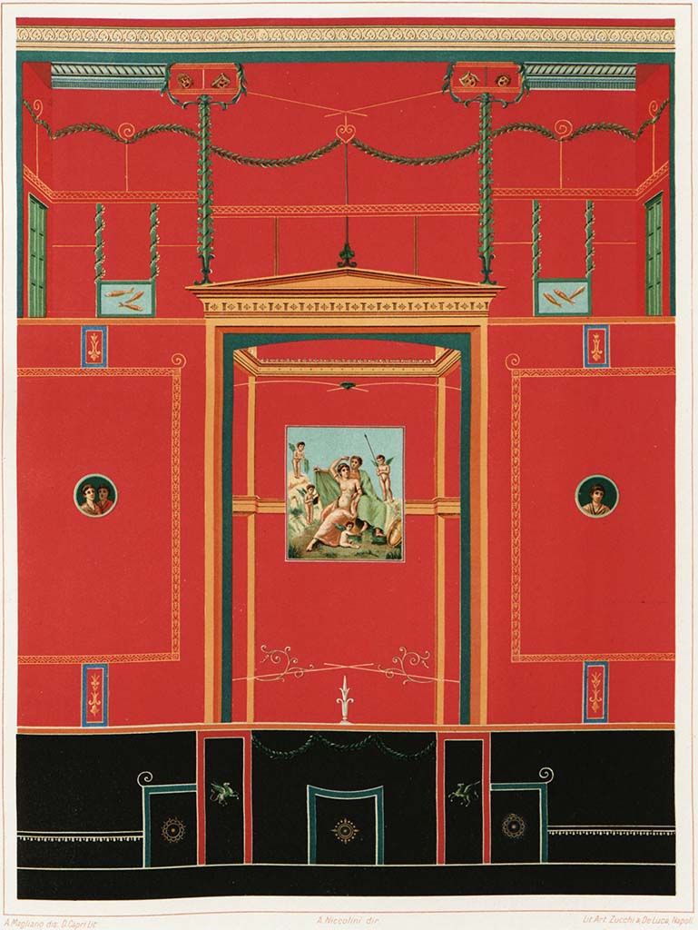 V.1.18 Pompeii. 1890 painting by A. Magliano of north wall of Exedra “o”.
See Niccolini F, 1890. Le case ed i monumenti di Pompei: Volume Terzo. Napoli, L’Arte in Pompei, tav. XL.